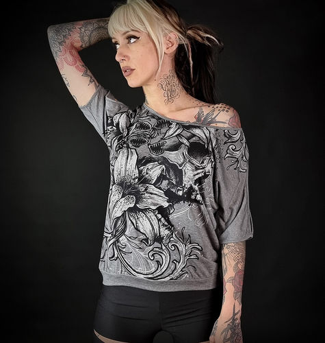 HYRAW - Damen Wide Shirt "Skull And Flowers" grey (grau)